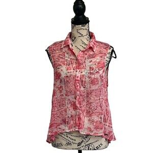 Hollister Womens Floral High Low Cropped Button Up Sleeveless Top Sheer S Y2K